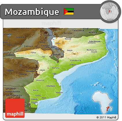 Physical Panoramic Map of Mozambique, darken, land only