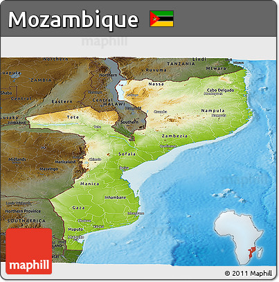 Physical Panoramic Map of Mozambique, darken, land only