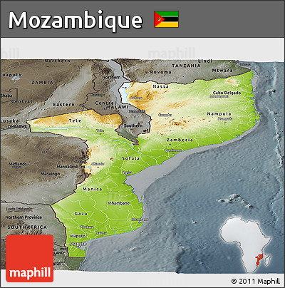 Physical Panoramic Map of Mozambique, darken, semi-desaturated
