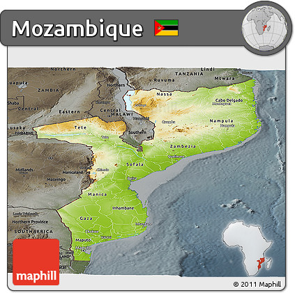Physical Panoramic Map of Mozambique, darken, semi-desaturated
