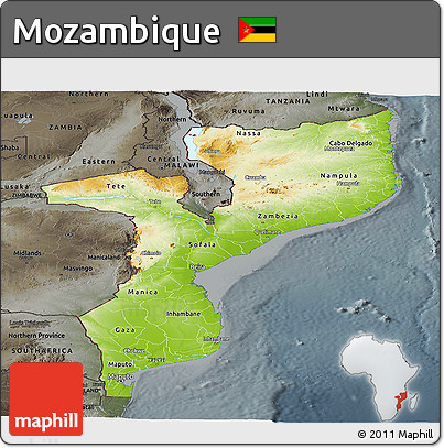 Physical Panoramic Map of Mozambique, darken, semi-desaturated
