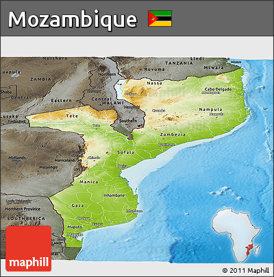 Physical Panoramic Map of Mozambique, darken, semi-desaturated, land only