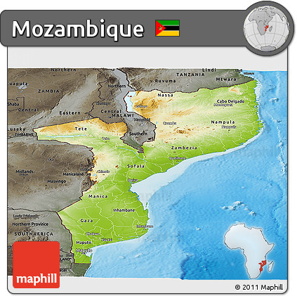 Physical Panoramic Map of Mozambique, darken, semi-desaturated, land only