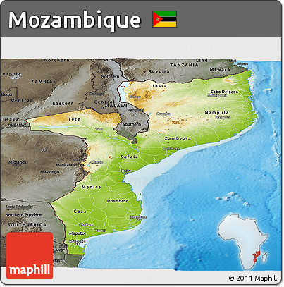 Physical Panoramic Map of Mozambique, darken, semi-desaturated, land only