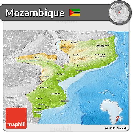 Physical Panoramic Map of Mozambique, lighten, desaturated, land only