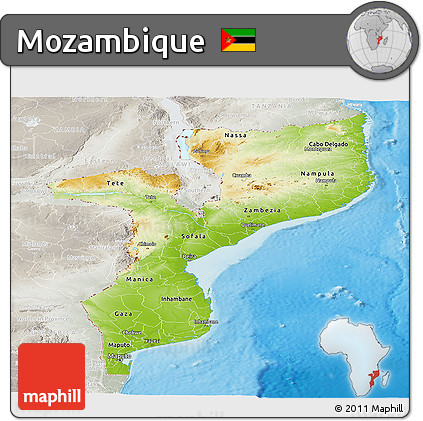 Physical Panoramic Map of Mozambique, lighten, semi-desaturated, land only