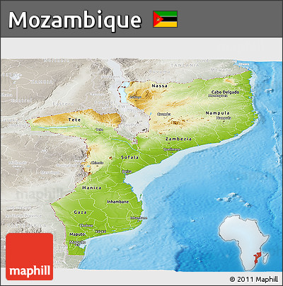 Physical Panoramic Map of Mozambique, lighten, semi-desaturated, land only