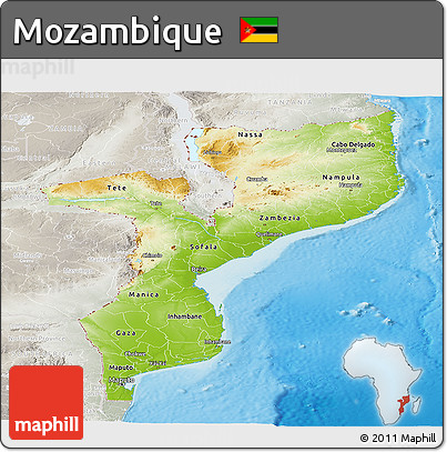 Physical Panoramic Map of Mozambique, lighten, semi-desaturated, land only