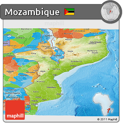 Physical Panoramic Map of Mozambique, political outside
