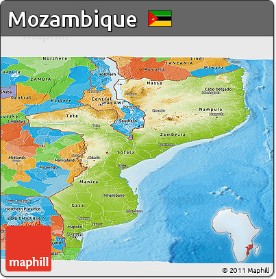 Physical Panoramic Map of Mozambique, political outside