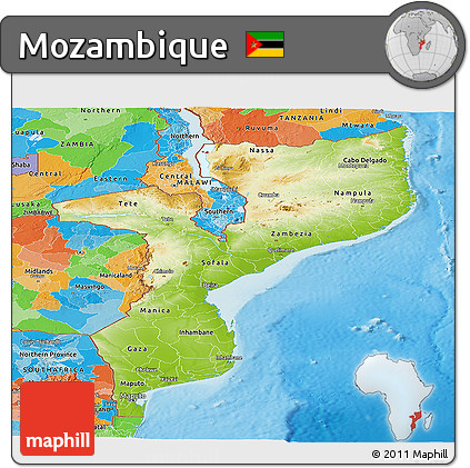 Physical Panoramic Map of Mozambique, political outside, shaded relief sea