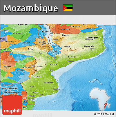 Physical Panoramic Map of Mozambique, political outside, shaded relief sea