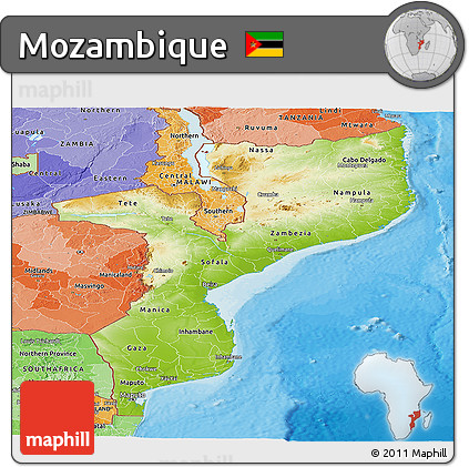 Physical Panoramic Map of Mozambique, political shades outside