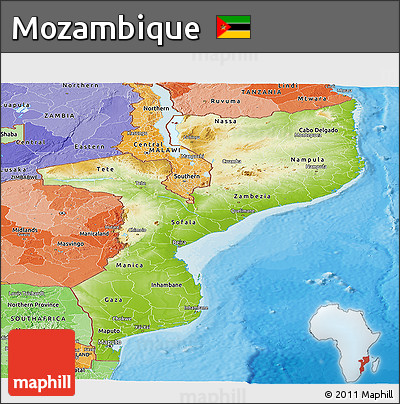 Physical Panoramic Map of Mozambique, political shades outside