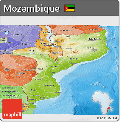 Physical Panoramic Map of Mozambique, political shades outside