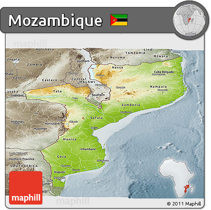 Physical Panoramic Map of Mozambique, semi-desaturated