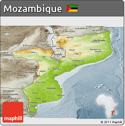 Physical Panoramic Map of Mozambique, semi-desaturated