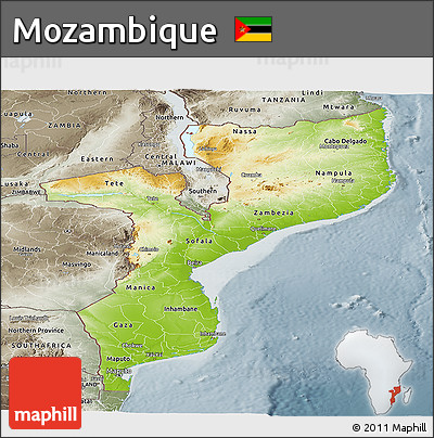Physical Panoramic Map of Mozambique, semi-desaturated