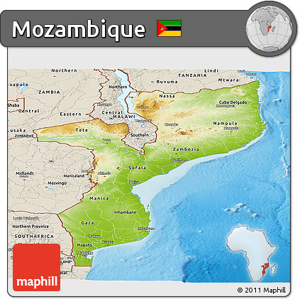 Physical Panoramic Map of Mozambique, shaded relief outside