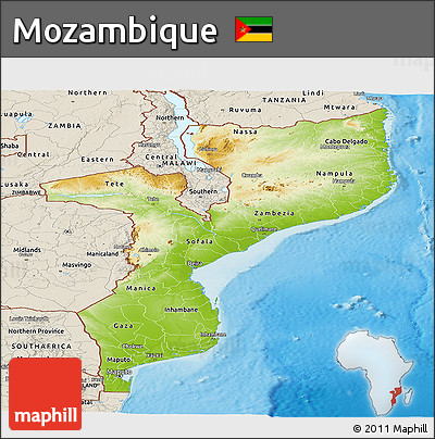 Physical Panoramic Map of Mozambique, shaded relief outside