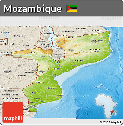 Physical Panoramic Map of Mozambique, shaded relief outside