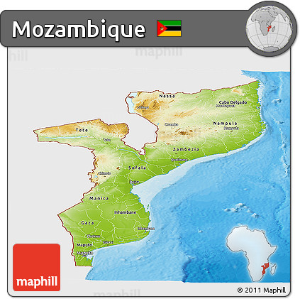 Physical Panoramic Map of Mozambique, single color outside, bathymetry sea, shaded relief sea