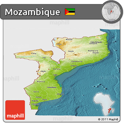 Physical Panoramic Map of Mozambique, single color outside, satellite sea