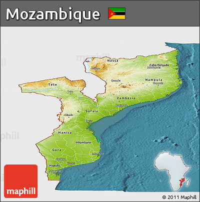 Physical Panoramic Map of Mozambique, single color outside, satellite sea