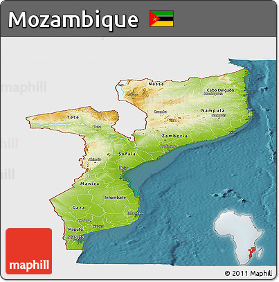 Physical Panoramic Map of Mozambique, single color outside, satellite sea