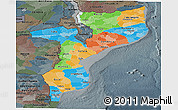 Political Panoramic Map of Mozambique, darken, semi-desaturated