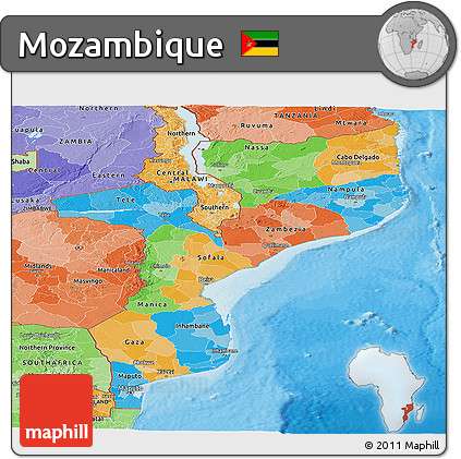 Political Panoramic Map of Mozambique, political shades outside