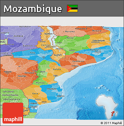 Political Panoramic Map of Mozambique, political shades outside