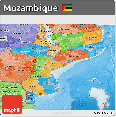 Political Panoramic Map of Mozambique, political shades outside