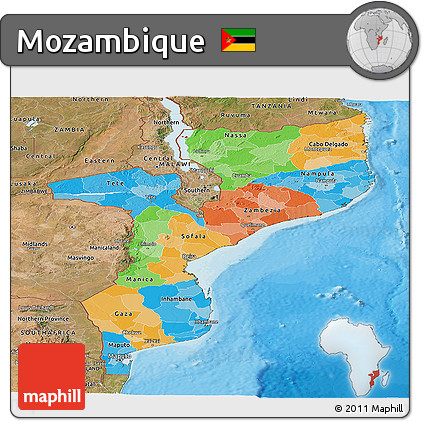 Political Panoramic Map of Mozambique, satellite outside, bathymetry sea