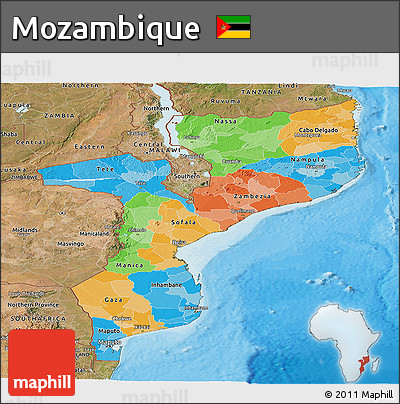 Political Panoramic Map of Mozambique, satellite outside, bathymetry sea