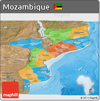 Political Panoramic Map of Mozambique, satellite outside, bathymetry sea