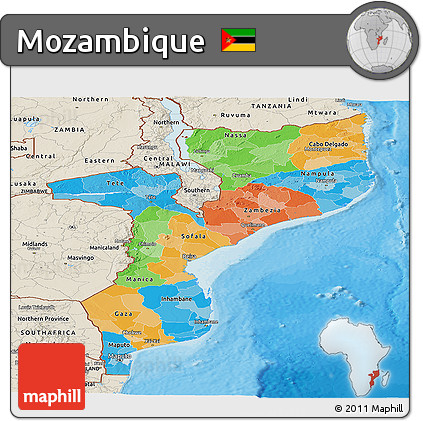 Political Panoramic Map of Mozambique, shaded relief outside, bathymetry sea