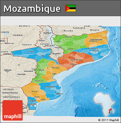 Political Panoramic Map of Mozambique, shaded relief outside, bathymetry sea
