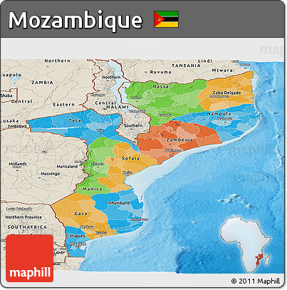 Political Panoramic Map of Mozambique, shaded relief outside, bathymetry sea