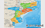 Political Panoramic Map of Mozambique, shaded relief outside, bathymetry sea