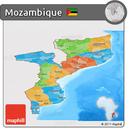 Political Panoramic Map of Mozambique, single color outside, bathymetry sea