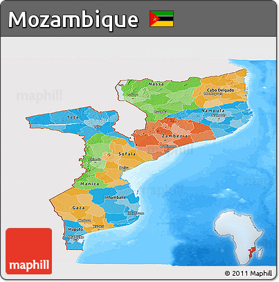 Political Panoramic Map of Mozambique, single color outside, bathymetry sea