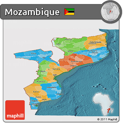 Political Panoramic Map of Mozambique, single color outside, satellite sea