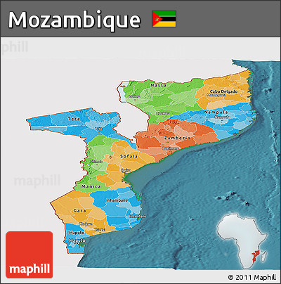 Political Panoramic Map of Mozambique, single color outside, satellite sea