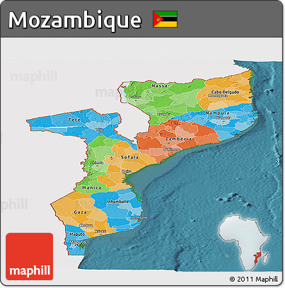 Political Panoramic Map of Mozambique, single color outside, satellite sea