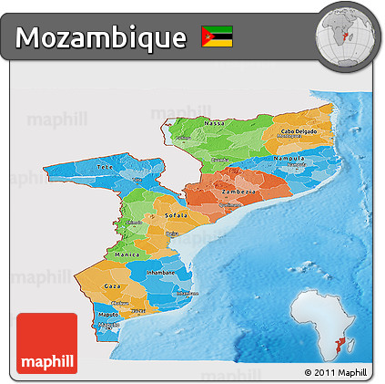 Political Panoramic Map of Mozambique, single color outside, shaded relief sea