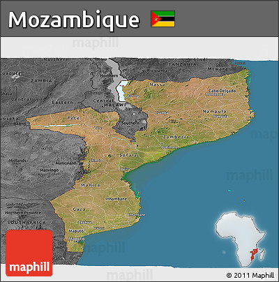 Satellite Panoramic Map of Mozambique, darken, desaturated, land only