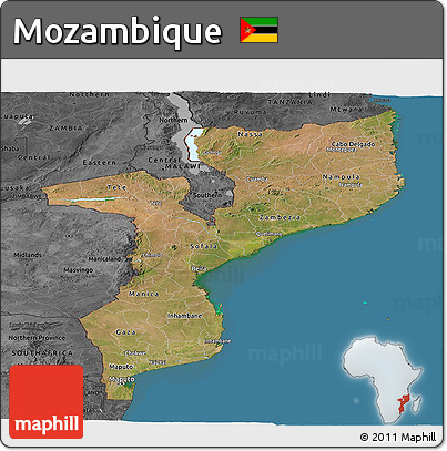 Satellite Panoramic Map of Mozambique, darken, desaturated, land only