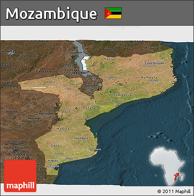 Satellite Panoramic Map of Mozambique, darken