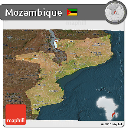 Satellite Panoramic Map of Mozambique, darken